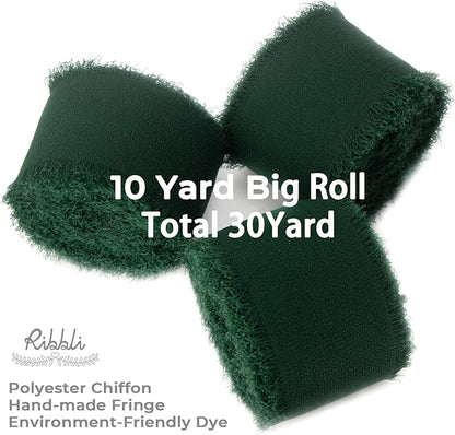 Ribbli Forest Green Chiffon Silk Ribbon, 1.5 Inch x 30 Yard - Handmade, Fringe, Wedding Invitations, Gift Wrapping, Bridal Bouquets, Flower Arrangement
