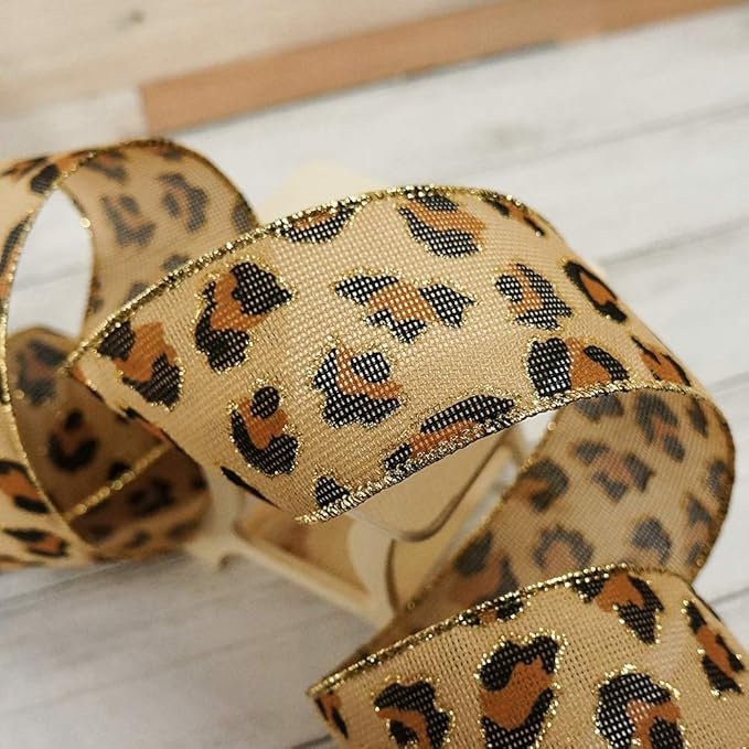 CT CRAFT LLC Burlap Leopard Fabric Wired Ribbon 2.5" x 10 Yards Natural with Black and Bronze Color for Christmas Home Wedding Decor Gift Wrapping Tree Topper Bow Wreath Bouquet DIY Crafts