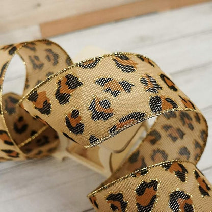 CT CRAFT LLC Burlap Leopard Fabric Wired Ribbon 2.5" x 10 Yards Natural with Black and Bronze Color for Christmas Home Wedding Decor Gift Wrapping Tree Topper Bow Wreath Bouquet DIY Crafts