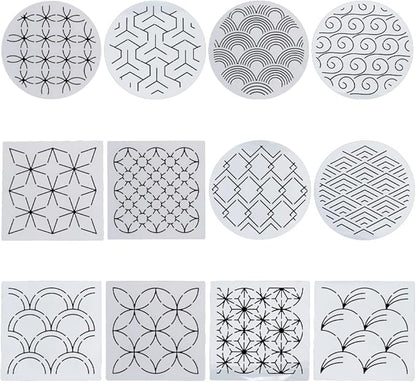 FREEBLOSS Sashiko Stencils - Geometric Embroidery Patterns for Drawing and Hand Quilting - 14x14cm