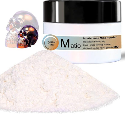 Matio Interference Mica Powder, 1.06oz/ 30g Ghost Coral Chrome Powder, Pearlescent Effect Color Shift Pigment for Epoxy Resin, Makeup Shimmer, Nail Polish,Soap Dye,Candle Making,Paint