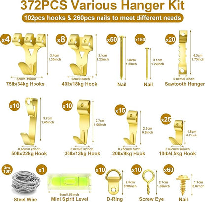 372 PCS Picture Hanging Kit, Christmas Decorations Indoor Outside Picture Hangers, Heavy Duty Picture Frame Mirror Wall Hanging Hardware Hooks Kit with Nails Sawtooth for Hanging Picture