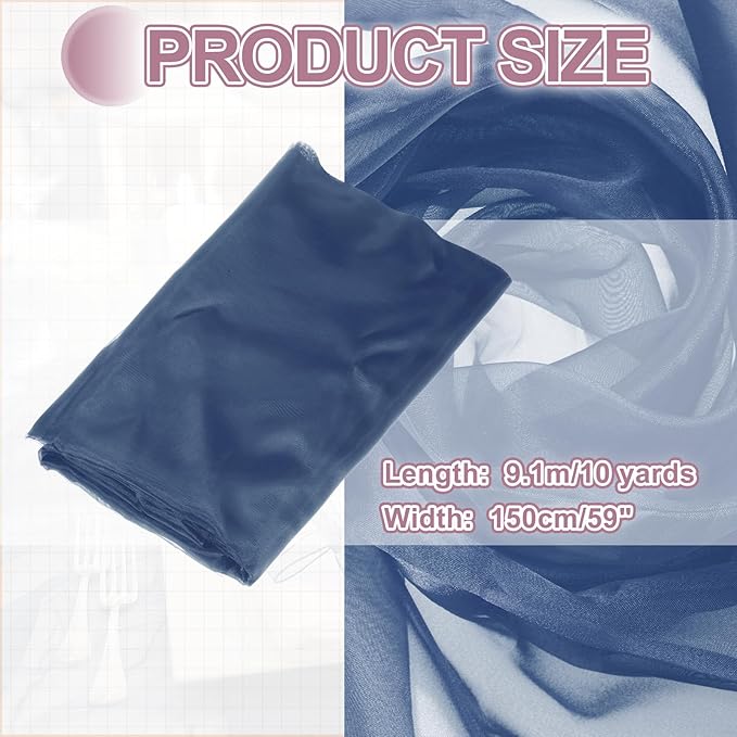 MECCANIXITY Iridescent Sheer Organza Fabric, 10 Yards x 59 Inches Solid Holographic Shiny Fabric Organza Cloth for Wedding, Curtains, Costume, Photo Background, Navy Blue