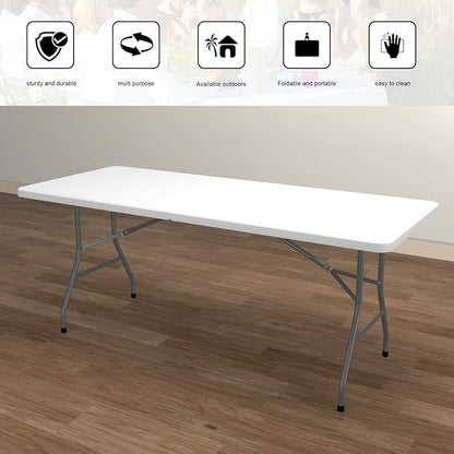 70.8" W X 29" D X 29" H - 6 ft Folding Table White Portable Heavy Duty Plastic Fold-in-Half Utility Foldable Table for Camp，Picnic & Party