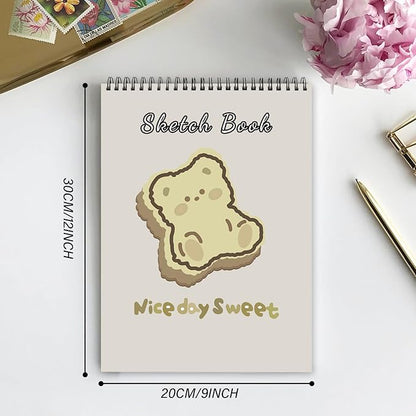 Deokke Sketchbook Top Spiral Bound Sketch Pad, 9 x 12 inch,100GSM Thick Paper,50 Sheets 100 Pages,Art Sketch Book Aesthetic Cute Drawing Writing Paper,for Girls Women-Bear