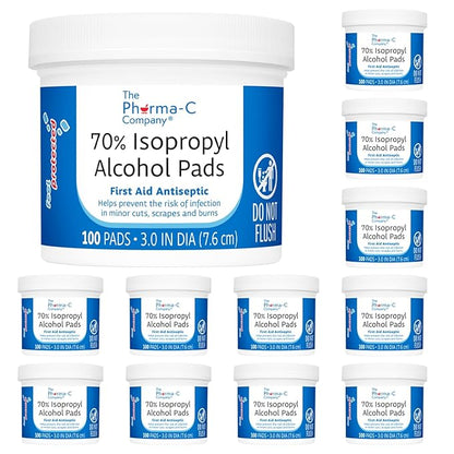 The Pharma-C Company - 70% Isopropyl Alcohol Pads [12-100ct jars]. First Aid - Bulk Antiseptic Wipes - Extra Large Pads - for minor cuts, scrapes and burns.