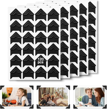 CHIALLCO Acid Free Photo Corners Self-Adhesive, 120 Pcs Premium Photo Corners for Scrapbooking, Black Photo Picture Mounting Corners for Photo Album, DIY Scrapbook Stickers, Memory Books, Diary
