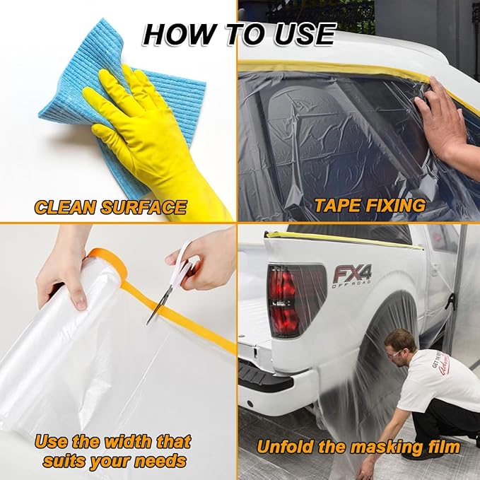 3 Pack Protective Masking Film with Tape 5 x 65 Ft Car Painters Plastic Sheeting Roll Tape and Drape Masking Film for Automotive Painting Covering Frames, Furniture, Auto Body