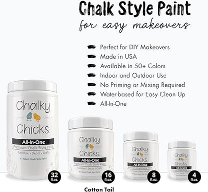 Chalky Chicks All-in-One Chalk Paint for Furniture or Cabinet - 8 Fl Oz - Matte Finish CottonTail White for Metal, Wood Furniture Paint - No Sanding All-in-One for Home Decor & Crafts, USA Made