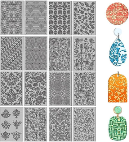 CHGCRAFT 16 Sheets Artistic Flowers Clay Texture Mat Geometric Pattern Polymer Clay Texture Sheets DIY Tools for Pottery Earring Jewelry Making Stamp Engraving Machines, 4x2.6inch