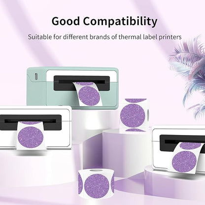 1.5" Holographic Direct Thermal Label Stickers, Round Printable Thermal Printer Sticker Labels for Gift Wrapping, Self-Adhesive- Glitter Purple