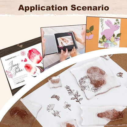 UCEC 8 Sheets Clear Stamps Set, 2 PCS Acrylic Stamp Block (15*5cm & 7.5*7.5cm), Vintage Plants Flower Rubber Silicone Stamps, Scrapbook Clear Stamp for Card Making & DIY Christmas Crafts Decoration