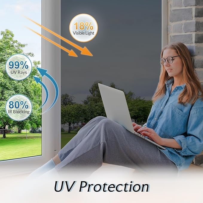 DOWELL One Way Window Privacy Film with 3 Tools Window Tint for Home Sun Blocking Heat Control Anti UV Reflective Mirror Covering See Out Not in for House and Office Black Silver 35.4" X 157.4"