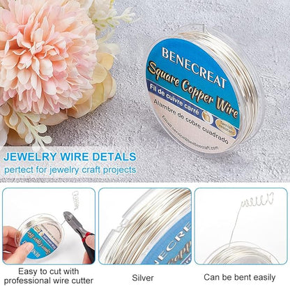 BENECREAT 32.81 Feet 24 Gauge Silver Square Copper Wire, Craft Copper Wire Tarnish Resistant Jewelry Material for Jewelry Making
