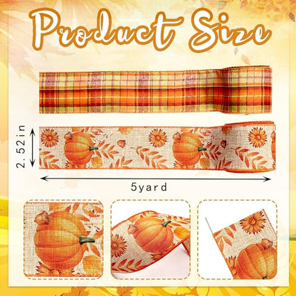 Threetols 2 Rolls 10 Yards Fall Wired Edge Ribbons, 2.5inch Orange Plaid Burlap Ribbons, Autumn Leaves Pumpkin Ribbon for Thanksgiving Party DIY Craft Fall Wreath Bow Decor