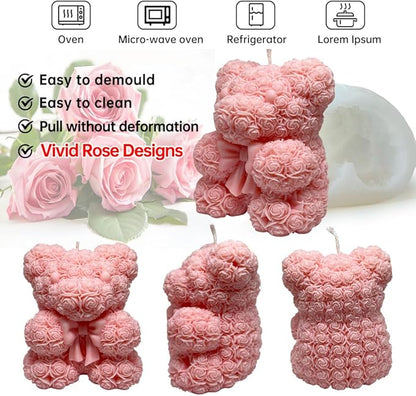 Bowtie Rose Bear Candle Mold - 3D Teddy Bear Candle Making Molds, Cute Epoxy Resin Molds for DIY Handmade Soaps,Valentine Gifts,Mother's Day Gifts,Birthday Gifts & Home Decorations(Bow Tie Bear Large)