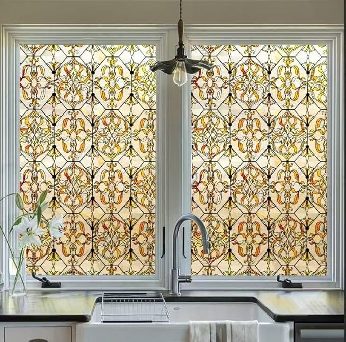 3D Stained Glass Window Privacy Film, Heat Control UV Blocking Static Cling Decorative Window Film for Bathroom,Front Door,Home Non Adhesive,GiltGaze 23.6 x 35.4 inches