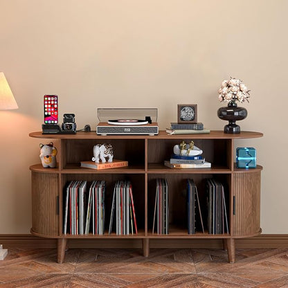 Large Round Record Player Stand with Charging Station & USB Ports，Record Storage Cabinet, Mid Century Modern Turntable Stand for Bedroom Living Room (Walnut)