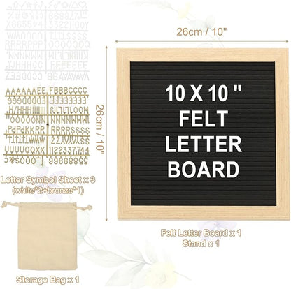 PATIKIL Felt Letter Board, 10x10Inches Black Wooden Changeable Message Board with Storage Bag Stand for Kitchen Menu Classroom Farmhouse Decor Notes, White Bronze Letter