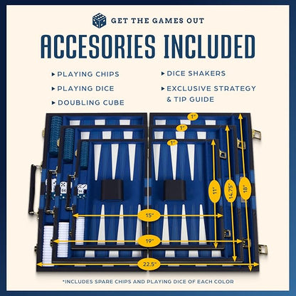 Get The Games Out Top Backgammon Set - Classic Board Game Case - Best Strategy & Tip Guide - Available in Small, Medium and Large Sizes (Blue, Large)