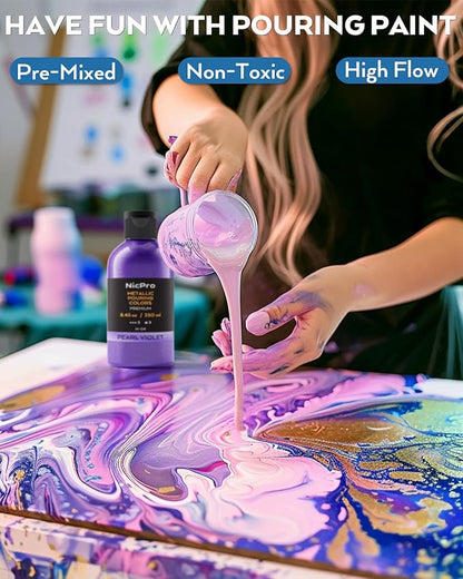 Nicpro 8 Colors 8.45oz Metallic Acrylic Pour Paint Supplies Kit, Large Volume Ready to Pour Premixed High Flow Pouring Paint Set with Silicone Pouring Oil, Gloves, Instructions for Beginner DIY