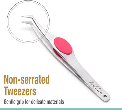 Beaditive High Precision Angled Tip Tweezers with Cushion Grip - 4.7" Craft Tweezers for Sewing, Beading & DIY Crafts - Non-Serrated Jewelry Tweezers with Fine Angled Tips - Stainless Steel (Fuchsia)