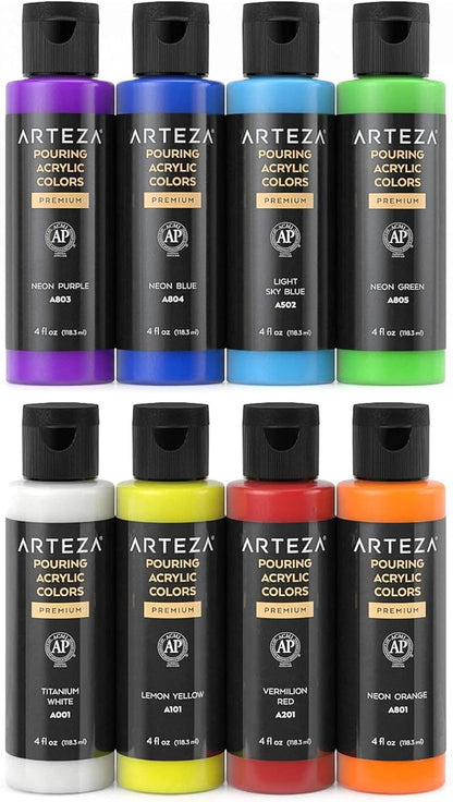 ARTEZA Acrylic Pouring Paint Set, 8 Rainbow Colors, 4 oz Bottles, High-Flow Paint, No Mixing Needed, Art Supplies for Canvas, Glass, Paper, Wood, Tile, and Stones