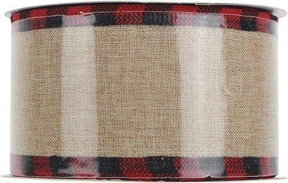 MEEDEE Burlap Christmas Ribbon Wired Burlap Ribbon 2.5 Inch 10 Yards Fall Burlap Ribbon with Red and Black Buffalo Check Edging Wired Plaid Burlap Ribbon for Christmas Tree, Wreath Making