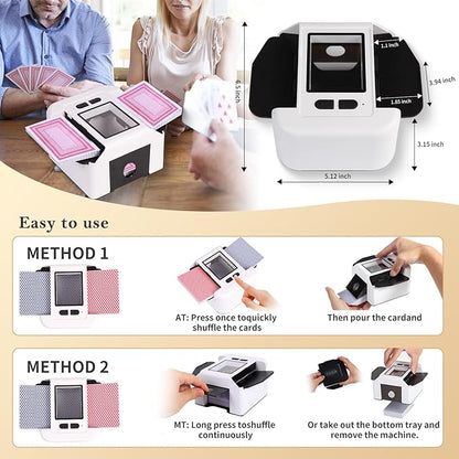 Automatic Card shuffler 1-2 Deck, 2000 mAH USB-C Rechargeable Electronic Card shuffler, Quiet Card shuffler for UNO Poker Blackjack Canasta Skip-Bo Phase 10, One-Press AUTO and Manual
