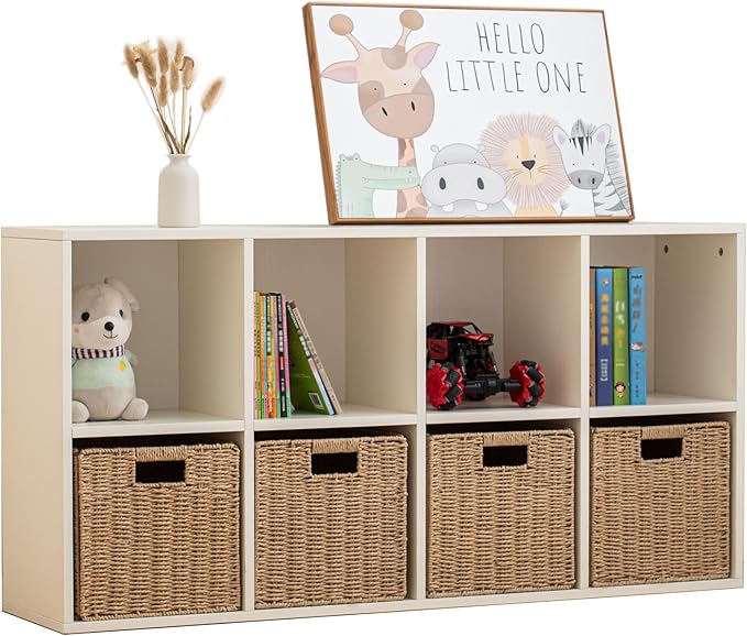 Wood 8-Compartment Storage Cabinet 8-Cube Storage Cabinet Organizer Wooden Cubby Bookshelf White 2 tier Open Cabinet Qquare Cubby Shelf for Home Office Living Room (8-Cube, 11 in Shelf Opening)