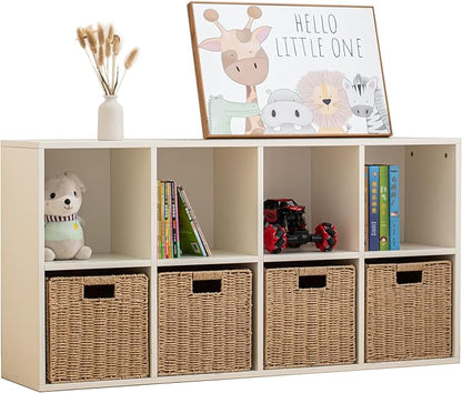 Wood 8-Compartment Storage Cabinet 8-Cube Storage Cabinet Organizer Wooden Cubby Bookshelf White 2 tier Open Cabinet Qquare Cubby Shelf for Home Office Living Room (8-Cube, 11 in Shelf Opening)