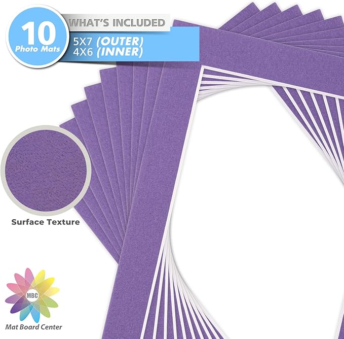 Mat Board Center, Pack of 10, 5x7 for 4x6 Color Mats - Bevel Cut, Acid Free, 4-ply Thickness, White Core - for Pictures, Photos, Framing, African Violet Color