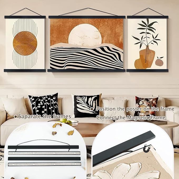 Artmag Magnetic Poster Hanger Frame, 37x45 37x40 37x25 Light Wood Wooden Magnet Canvas Artwork Print Poster Hangers Frames Hanging Kit (Black, 37")