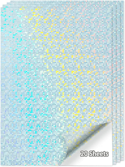 20 Sheets Printable Holographic Sticker Paper,11 x 8.5 Inches Printable Waterproof Paper Rainbow Vinyl Sticker Paper for Inkjet or Laser Printer（Laser bubble pattern）