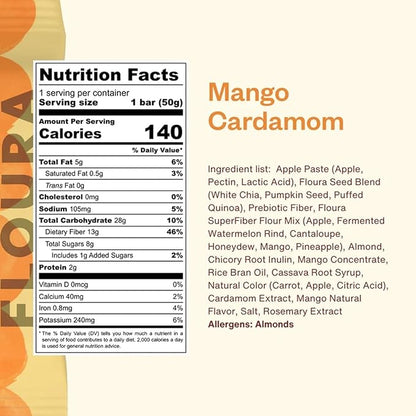 Floura Mango Cardamom Fruit-Forward Fiber Bars– High Fiber, Vegan, Gluten & Dairy Free, Low Calorie Healthy Snack Bars with Upcycled Produce for Gut Health [10 Pack]