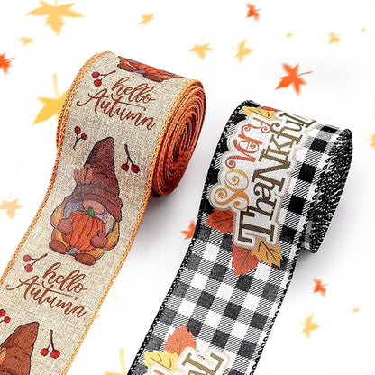 Threetols 2 Rolls 10 Yards Fall Wired Edge Ribbons, 2.5inch Black White Plaid Burlap Ribbon, Autumn Leaves Gnomes Pumpkin Ribbon for Thanksgiving Party DIY Craft Fall Wreath Bow Decor