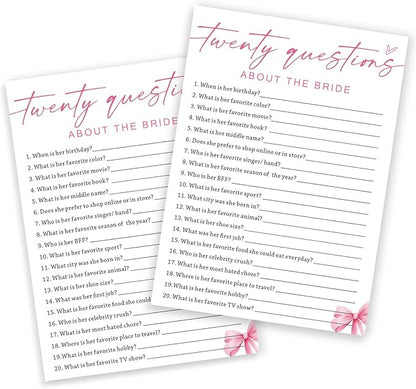 Wedding Shower Games Cards, Twenty Questions About The Bride, Bridal Shower Games 25 Guests, Engagement Party Wedding Games for Guests, Pink Ribbon Bow Wedding Party Supplies - E05