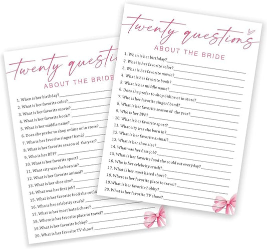 Wedding Shower Games Cards, Twenty Questions About The Bride, Bridal Shower Games 25 Guests, Engagement Party Wedding Games for Guests, Pink Ribbon Bow Wedding Party Supplies - E05
