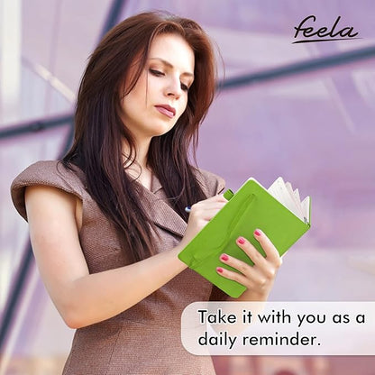 feela 5 Pack Notebooks Journals Bulk, Hardcover Notebook Classic Ruled Lined Journals with Pen Holder for Women Girls School Business Supplies, with 5 Black Pens, 120 GSM, 5.1”x8.3”, A5, Green
