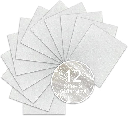 White Glitter HTV Sparkly Heat Transfer Vinyl – 12 Pcs 12x10Inch Iron-On Vinyl Sheets for T‑Shirts & DIY Craft Gifts, Easy to Cut & Weed, No‑Flake & Washable, Work with All Cutter Machines