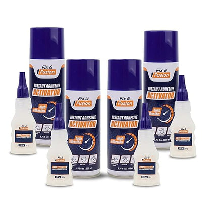 FIX & FUSION Ca Super Glue (1.77 Oz) with Activator Spray (6.76 Fl Oz) Set, Fast Adhesive/Cyanoacrylate Glue & Instant Activator for Woodworking, Plastic, Rubber, Granite, DIY & Industrial, (4 Pack)
