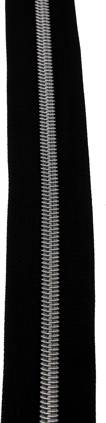 Leekayer #5 Silver Metallic Nylon Coil Zippers by The Yard Bulk 10 Yards Black Zipper Tape with 25pcs Silver Sliders for DIY Sewing Tailor Craft Bag(Black)