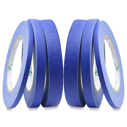 BOMEI PACK 6Pack Blue Painters Masking Tape, 1/4” 1/2” 3/4” X 60yds Multi Size Painting Paper Tape, Clean Removal with No Residue
