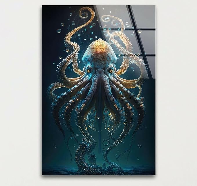 My Photostation.com 24Wx30H'' Underwater Blue Octopus Glass Wall Art Tempered Glass Printing Wall Decor Large Wall Art Wall Hangings