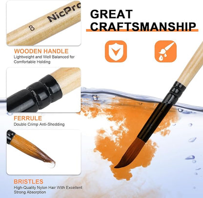 Nicpro 36pcs Paint Brush Set, Professional Paintbrushes with Palette Knife and Cloth Roll, Suitable for Acrylic Painting, Oil, Watercolor, Gouache, Art Supplies for Artists & Beginners (Wooden Color)