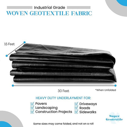 Woven Geotextile Fabric for Driveway and Road Stabilization, Construction Underlayment, Erosion Control, Commercial Grade 50 Year for Gravel Roads and Pavers (15x30) Ships Folded