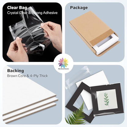 Mat Board Center, Pack of 10, 12x12 for 8x8 Black Mat Kit - Acid Free, 4-ply Thickness, White Core - Includes Backing Boards and Clear Bags - for Pictures, Photos, Framing