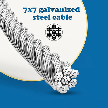 Galvanized Steel Wire Rope Cable, 3/16” Galvanized Steel Cable with Rope Clamp and Thimble, 7X7 Strand Core Aircraft Cable Used for Anchored Shed, Fencing, Sunshade, Clothesline (50ft)