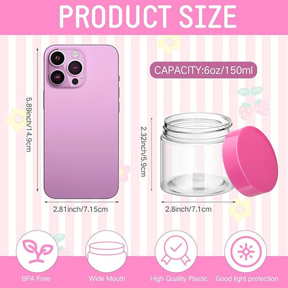 SATINIOR 12 Pack 6 oz Plastic Container Jars with Lids Round Clear Travel Cosmetic Container Slime Jars for Toiletries, Lotion, Cream, Ointments, Makeup, Rhinestone, Samples, Kitchen Storage(Pink)