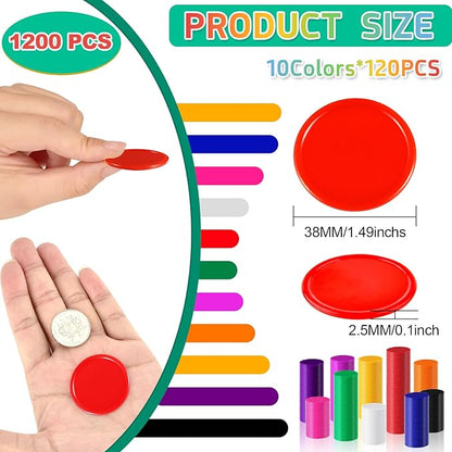 Coopay 1200 Pcs 1.5 Inch Learning Counters Disks Plastic Poker Chips, Bingo Chips 10 Colors Counting Discs Markers for Math Practice, Poker Card Game Tokens, Teaching Rewards, 38 mm